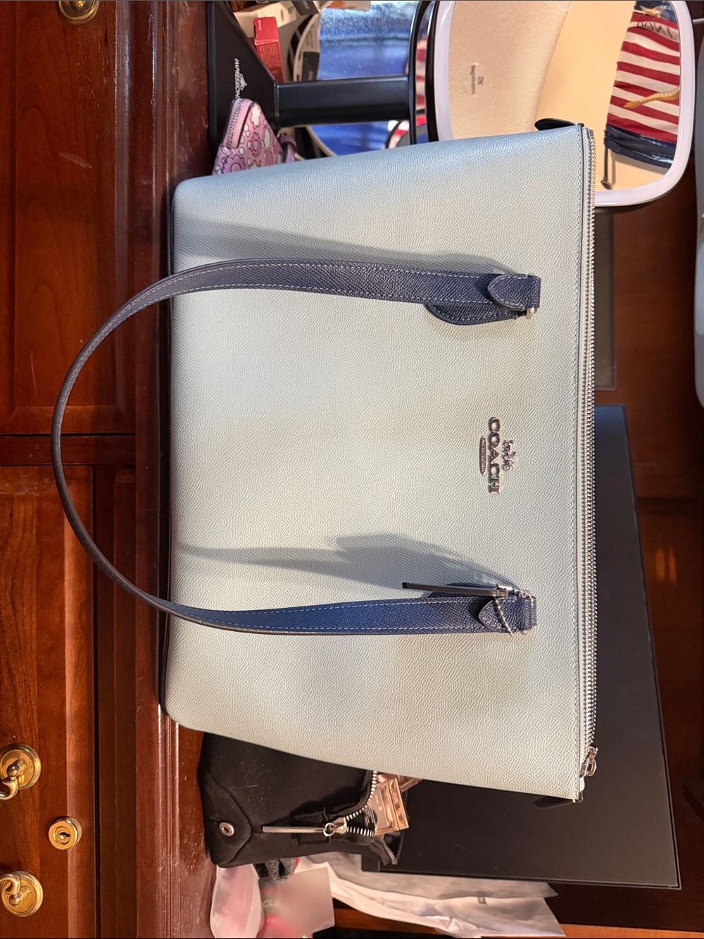Coach Two-Tone Leather Tote in Pale Blue with Navy Straps